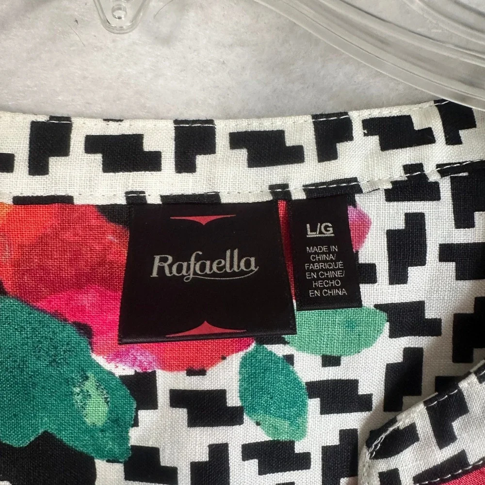 Rafaella 100% Linen Tunic Top Large Floral Houndstooth Pom Trim Roll Tab V-Neck